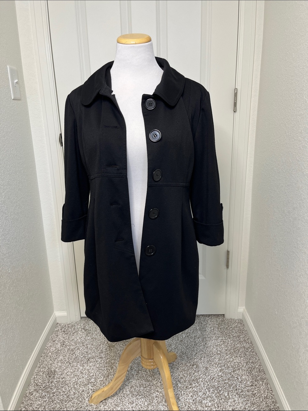 AB Studio Black Longline Button Front Coat 3/4 Sleeve Jacket Size 8